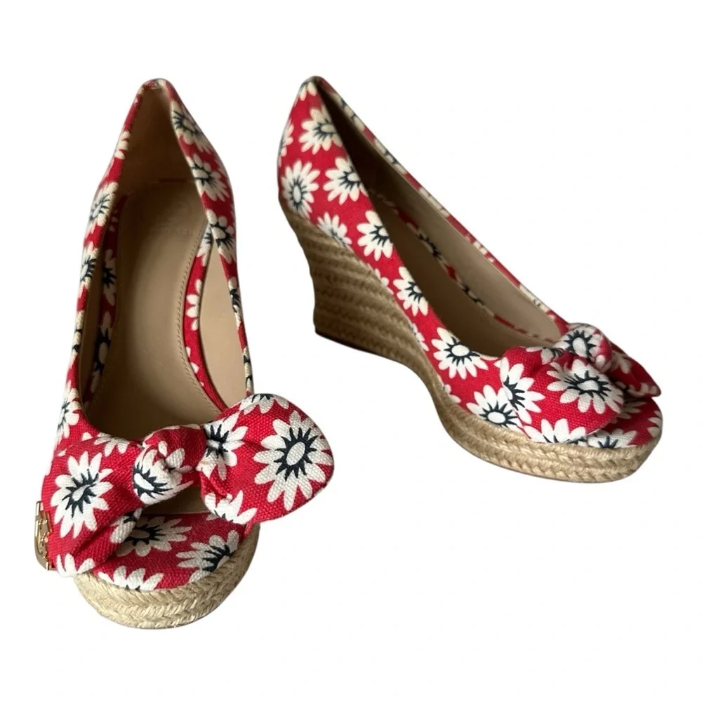 Tory Burch Dory Espadrille Wedge Red Floral Peep Toe Bow 6.5